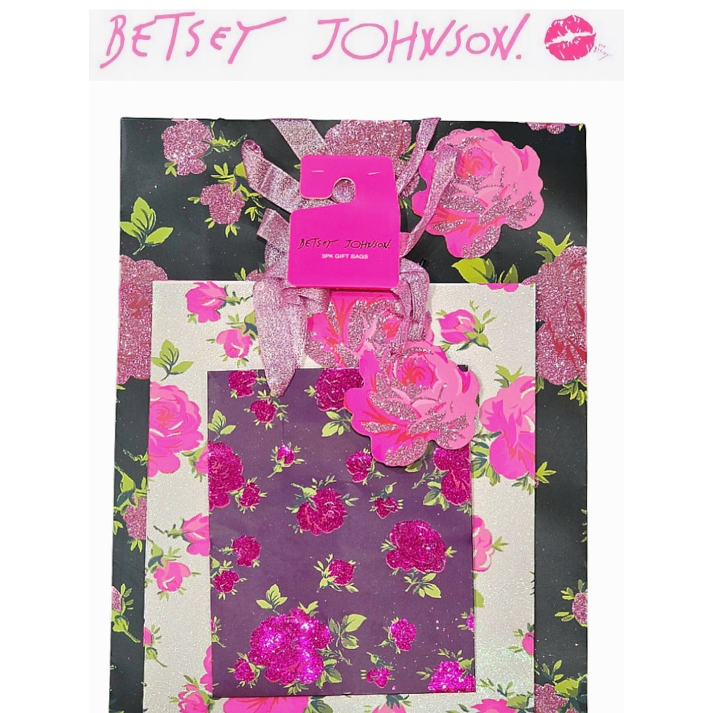Betsey Johnson 3-PK Glitter Floral Gift Bag Set